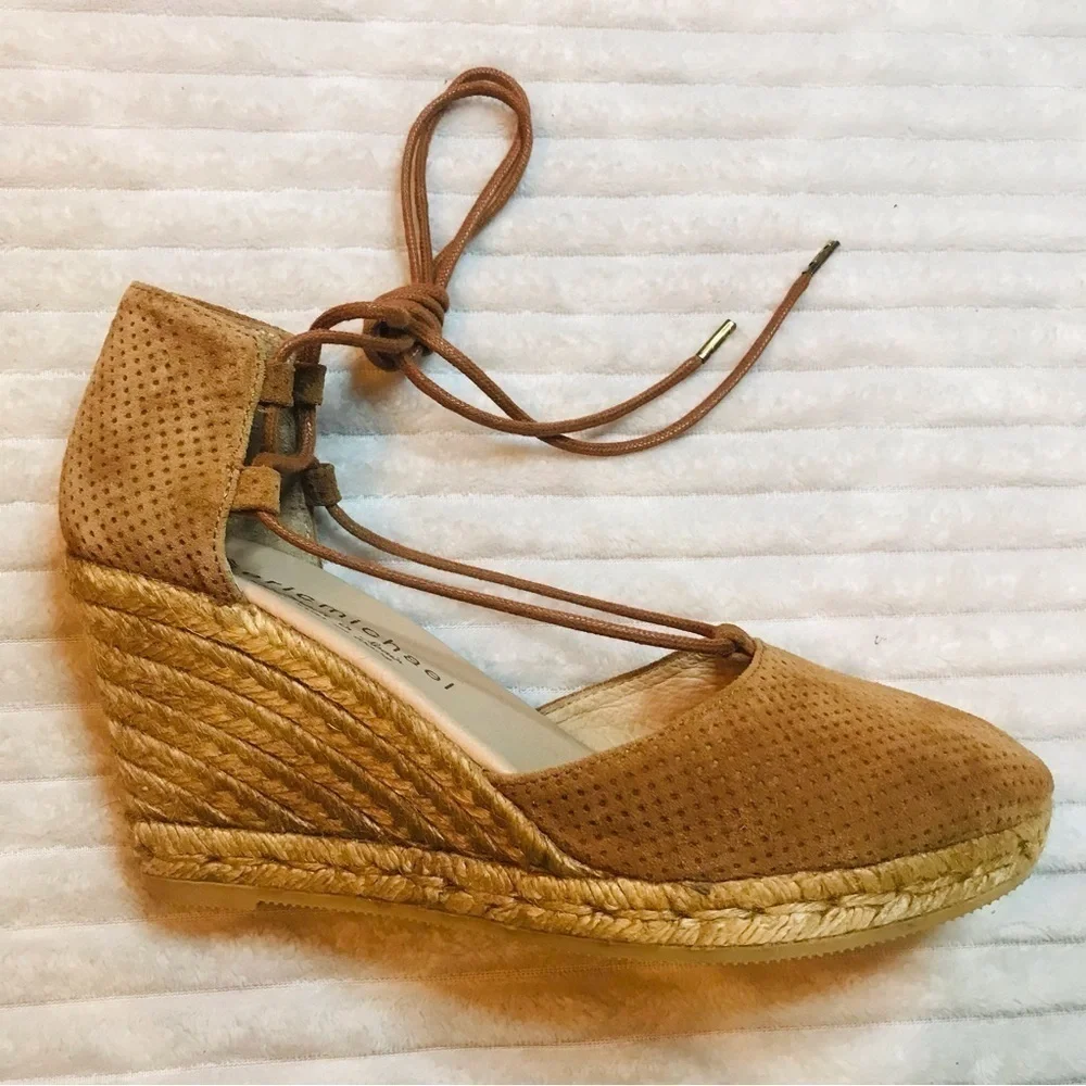 Eric Michael Sam Wedge Espadrilles Lace Up Tan Platform Sandals Size 39 9